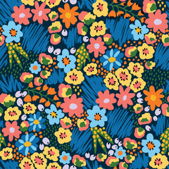 Seamless vector pattern with bright abstract flowers on a vibrant blue background. Eye-catching floral design perfect for fabric, wrapping paper, wallpaper, and bold modern decor projects.