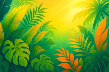 Lush jungle canopy with vibrant green and yellow foliage bathed in warm sunlight illustration style