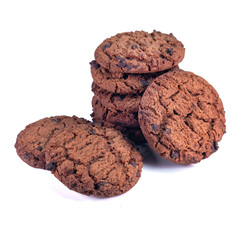 Close-up of chocolate chip cookies stacked on a white background with a tempting crunchy texture, perfect for advertising or promotion.
