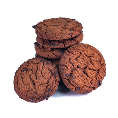 Close-up of chocolate chip cookies stacked on a white background with a tempting crunchy texture, perfect for advertising or promotion.