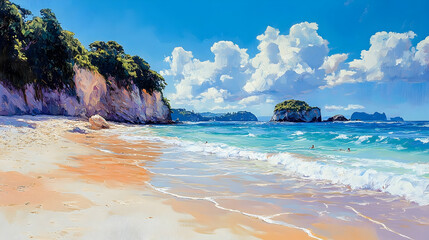Coastal scene of a beach with a cliff face and turquoise water.