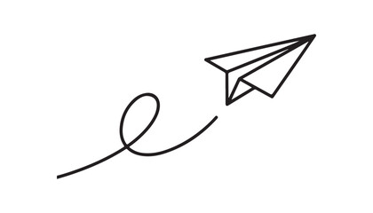 A Simple Black Line Drawing of a Paper Airplane Taking Flight.