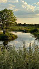 Landscape with pond lake in sunlight, summer green landscape, vertical canvas.