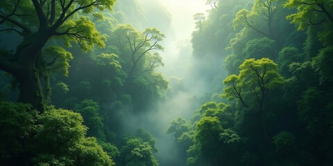 Fototapeta premium a panoramic view of a pine forest valley in early morning fog 
