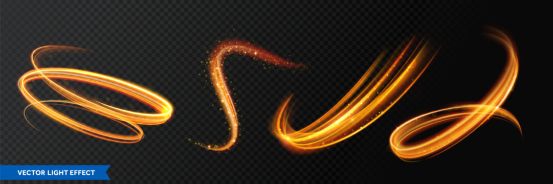 Light trail, golden glitter glow sparkles and sparkling flare spiral swirls on transparent background. Abstract vector fire light effect waves and glittering tails
