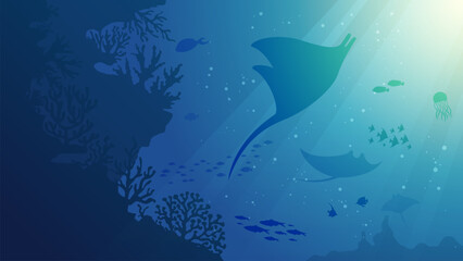 Ocean Underwater Background - Deep the sea scenery vector illustration banner with coral reef, fish and shinny blue water