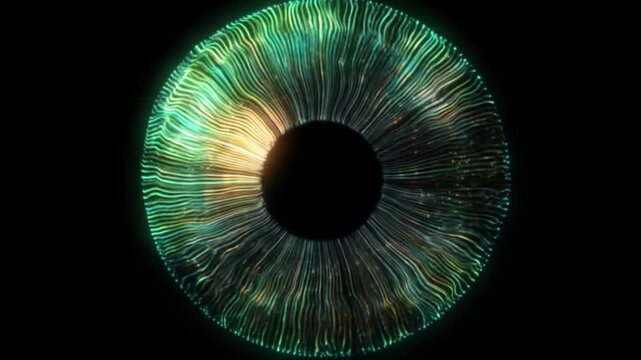 Digital Eye: Abstract Iris Expanding with Luminous Teal and Gold Wavelengths on Black Background - Artificial Intelligence Vision and Awareness Concept