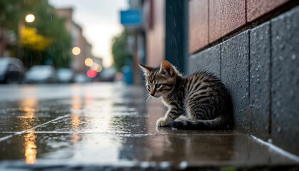 A homeless kitten got wet in the rain in the city. Generated by AI.