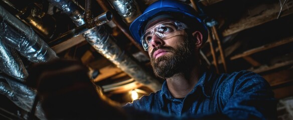 The professional contractor performing electrical work in a dimly lit basement.