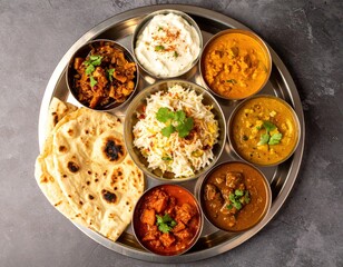 Traditional indian thali with multiple curries and naan