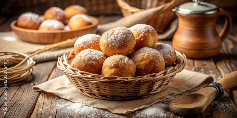 Poster a wicker basket overflowing with freshly baked, powdered sugar-dusted pastries, resting on a rustic 