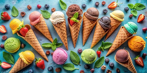 Obraz premium A colorful symphony of ice cream cones, fresh berries, and vibrant mint leaves, a visual feast for the senses