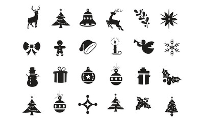 Christmas elements set icons design. Christmas collection of bells, Santa, deer, angel, nutcracker, cookies, showman, snowstorm, drums, mitten, candy