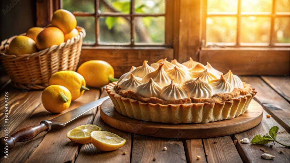 Poster A freshly baked lemon meringue pie sits on a rustic wooden table with a window in the background