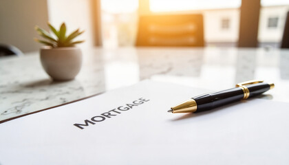 Mortgage document with pen and plant on office desk in sunlight  