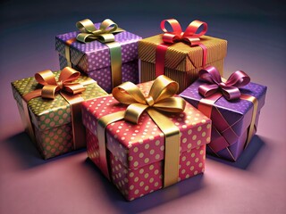 Fototapeta premium Exquisite Gift Boxes with Bows: High-Resolution Photography, Luxury Gift Wrapping, Holiday Presents, Birthday Gifts, Festive Packaging