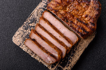 Meat, steak, beef tenderloin cooked on grill. Juicy steak as a food background