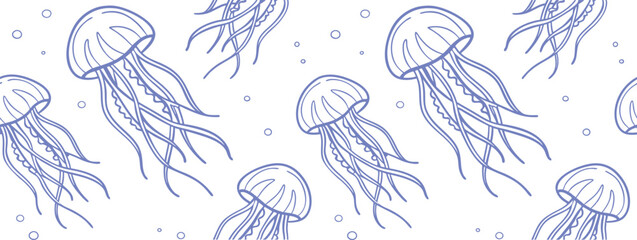 Hand-drawn seamless jellyfish pattern in soft blue line art with floating bubbles. Perfect for ocean-themed wallpaper, textiles, and wrapping paper. Elegant marine life vector background. © Sk