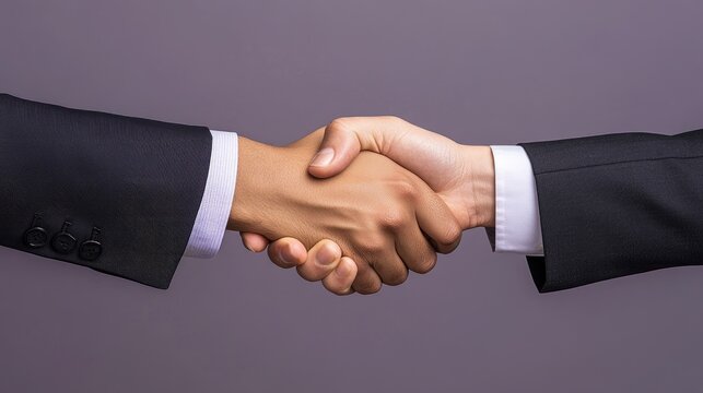 Two businesspeople engage in a firm handshake against a purple backdrop, capturing a moment of collaboration and agreement