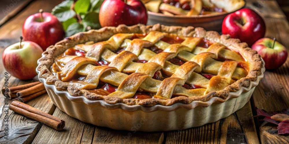 Poster a freshly baked apple pie with a golden crust and juicy filling, surrounded by crisp apples and cinn