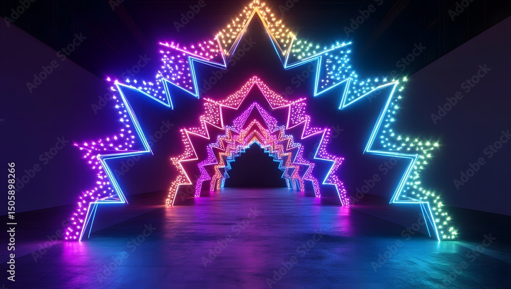 Poster 3d rendering of colorful neon lights in the shape of stars arranged on the top and bottom to create 