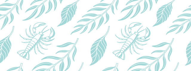 Elegant seamless pattern featuring turquoise lobsters and tropical leaves in hand-drawn style. Perfect for beach-themed design, textiles, and packaging. Stylish marine and botanical backdrop.