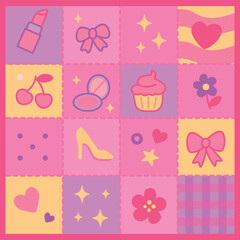 Vector seamless girly patchwork pattern with lipstick, bows, sparkles, hearts, cherries, cupcakes, flowers, shoes. Purple and yellow. Perfect for stationery, scrapbooking, beauty design, package print