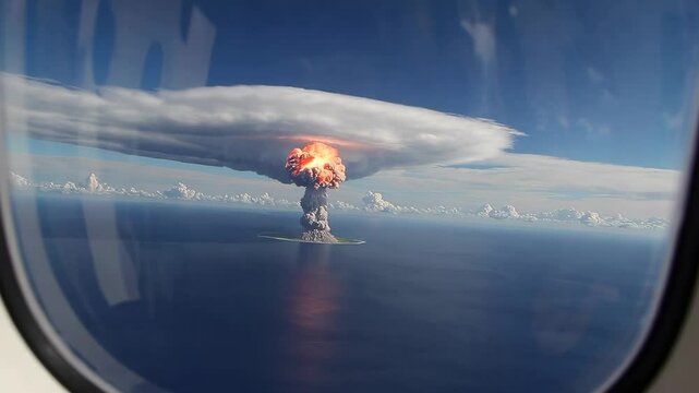 AI-generated video of a theoretical nuclear explosion over Bikini Atoll in the central Pacific Ocean, with a colossal mushroom cloud rising above the water. This fictional scenario references Cold War