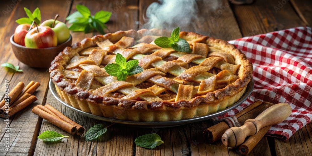 Poster a freshly baked apple pie with a lattice crust, garnished with mint leaves and cinnamon sticks on a 