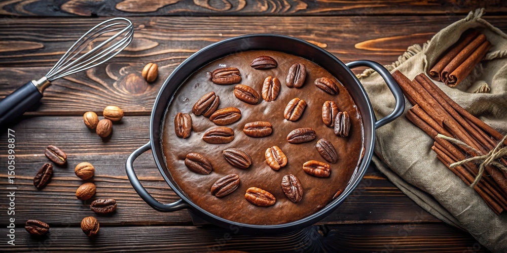 Poster A rustic wooden table setting with a chocolate dessert topped with pecans and a bundle of cinnamon sticks beside it