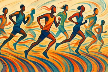 Artistic depiction of a group of runners in motion on a colorful track with abstract background design