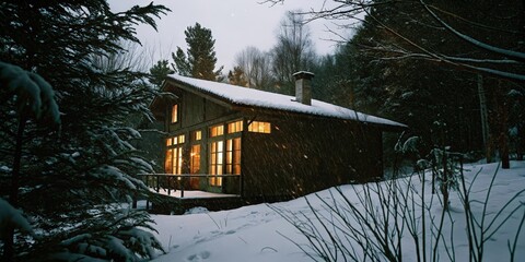 Illuminated Cabin in Winter Woods