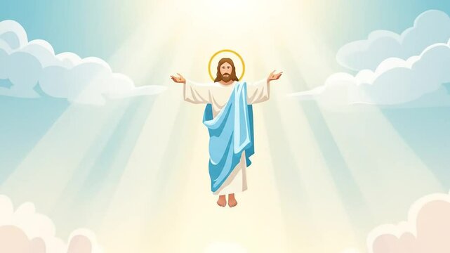 The Ascension: Cartoon Depiction of Jesus Christ Floating Amidst Clouds, Beaming Light, and Adoring Followers in an Urban Setting, Conveying Faith and Inspiration