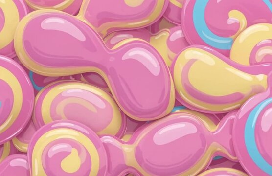 A colorful candy swirl pattern, pink, yellow, blue tones, glossy and smooth cartoon style, fun and playful look