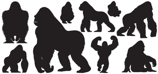 Gorilla silhouette set. vector illustration isolated on white background. set for animal graphics design and wildlife art projects
