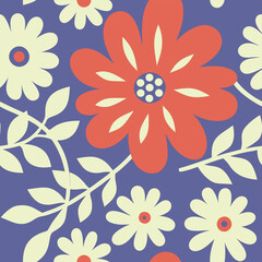 Seamless floral pattern design featuring stylized flowers and leaves arranged on a purple background