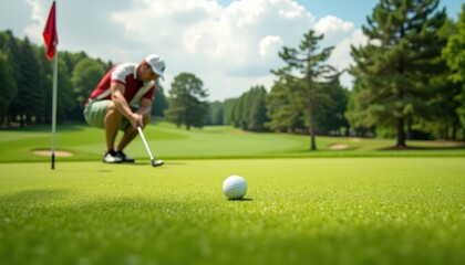 Golf Ball and Player on Green Course