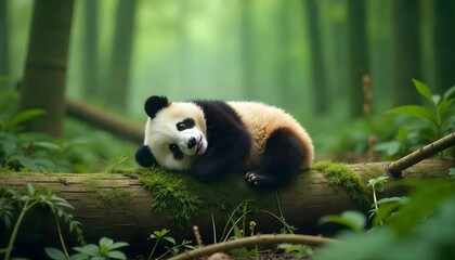 Obraz premium Adorable Baby Panda Relaxing on Mossy Log in Lush Green Forest Capturing the Essence of Wildlife and Natural Beauty