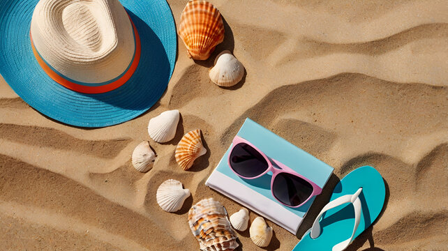 sunglasses and hat on the beach