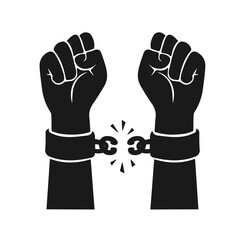 Outline, silhouette of hands shackled with torn broken chains, breaking chains. Freed clenched fist from shackles. Flat Isolated vector on transparent background EPS10