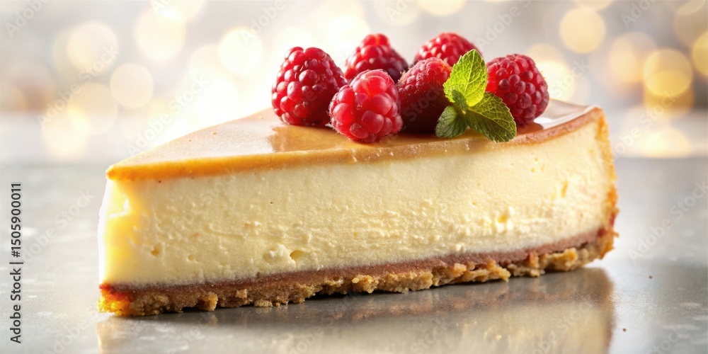 Poster a slice of cheesecake with a caramel glaze and a garnish of fresh raspberries and mint leaves, sitti