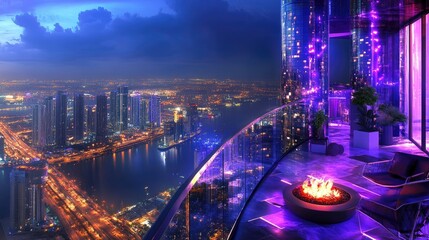 Obraz premium Night City Balcony View Illuminated By Blue And Purple Lights With Fire Pit And Panoramic Cityscape