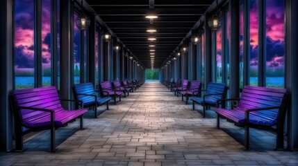 Colorful walkway with benches under glass canopy at dusk