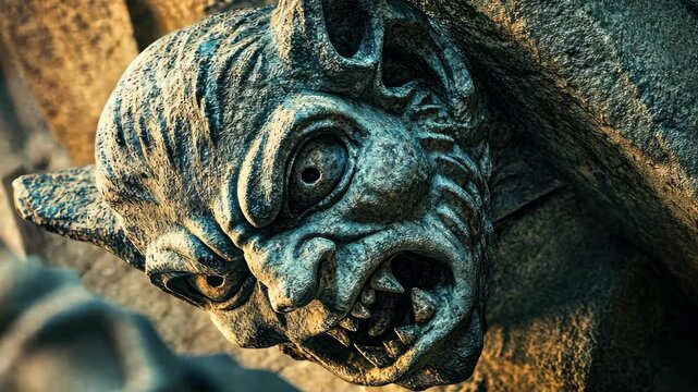 Dramatic closeup of stone gargoyle expressing fierce emotion on historic architecture