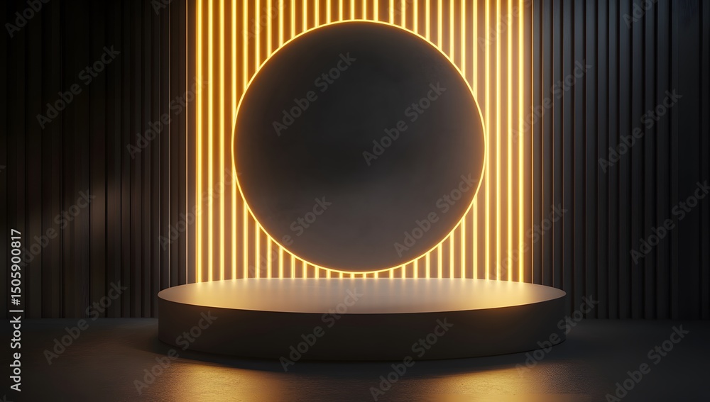 Poster 3d rendering of an empty podium for product presentation in a dark room with light, featuring a futu