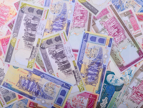 Iranian paper money, banknotes, rial currency for business and financial settlements. Iranian money