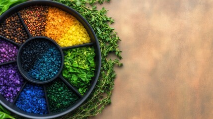 Colorful spice and herb arrangement in a circular dish
