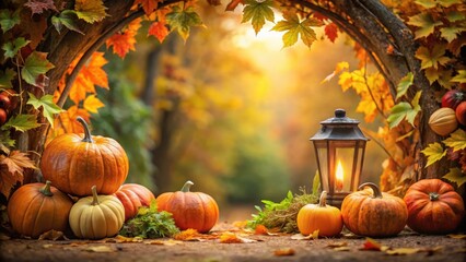 Autumnal Pumpkins under Leaf Archway with Lantern