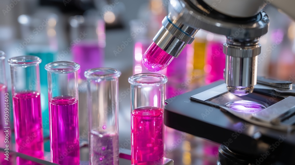 Poster colorful test tubes and microscope in a vibrant laboratory setting during a science experiment
