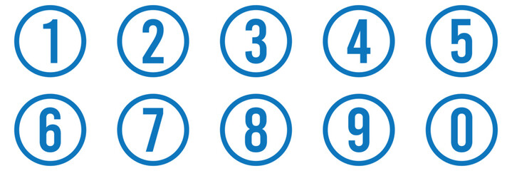Color bullet points stroke round number set from one to nine simple flat style the numbers on the circles are line. Bullet Points, info markers, Number 0, 1 to 9, Flat design  isolated vector. 